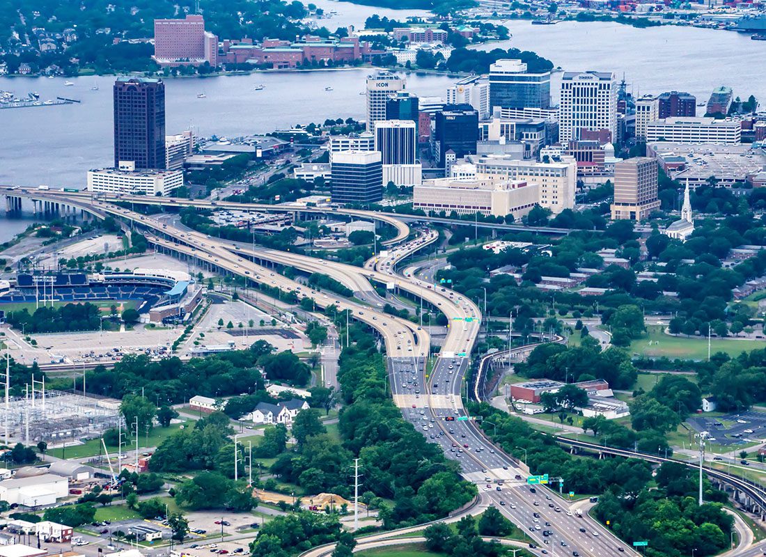 Smithfield, VA - Aerial View of Norfolk Virginia Displaying a Curved Highway Crossing a River